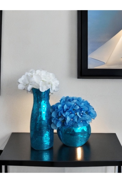 IŞILTI HOME DESIGN طقم فازات زجاجية بمرآة مكون من قطعتين باللون الأزرق