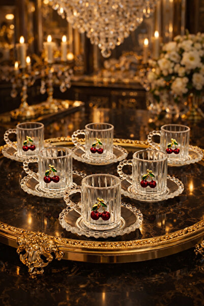 YzHome 6 Lı 12 Parça Boncuklu Cam Kirazlı Kahve Fincan Takımı Seti 90ml