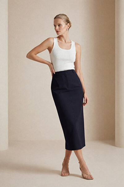 Setre Navy Blue Pencil Cut Skirt with Hidden Closure and Zipper Detail