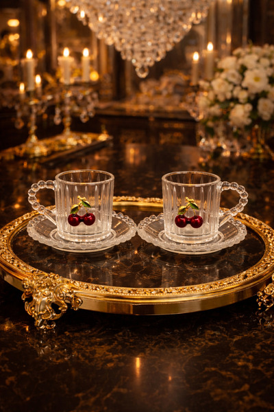 YzHome 2 Kişilik Cam Boncuklu Kirazlı Kiraz Kahve Fincan Takımı Seti 90ml