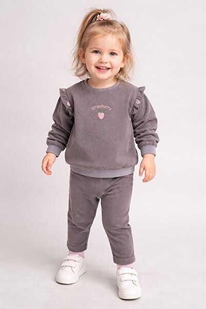 dinamik çocuk Kız Bebek/Çocuk Pembe Çilek Nakışlı 2parça Omuzdan Çıtçıtlı Esn...