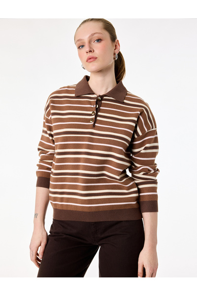 Koton Long Sleeve Half Button Detailed Polo Collar Striped Knit Sweater