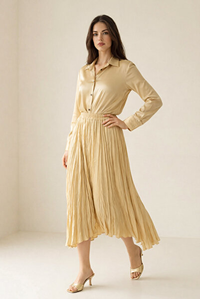 Setre Amber Elastic Waist, Pleated Detailed Midi Length Comfortable Cut Skirt