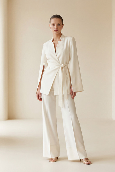 Setre Vanilla Jacket with Sleeve and Waist Tie Detail and Full-Fit Pants Set