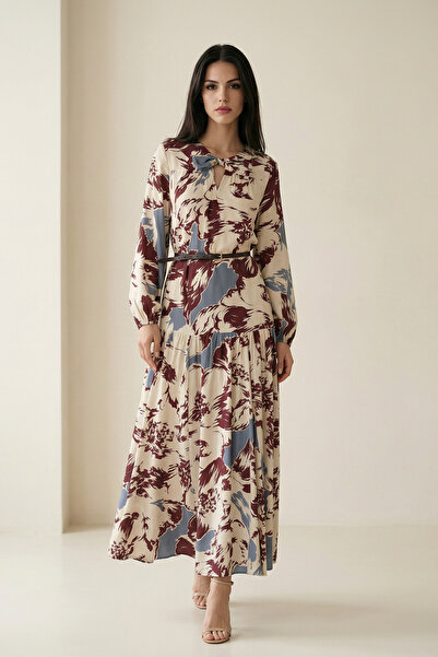 Setre Bordo-Mavi Boyun Ve Bel Detaylı Kemerli Desenli Midi Boy Elbise