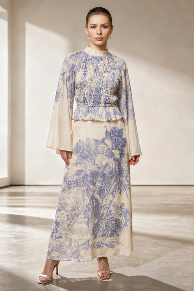 Setre Krem-Mavi Uzun Kollu Bel Ve Yaka Detaylı Belden Oturtmalı Desenli Midi ...