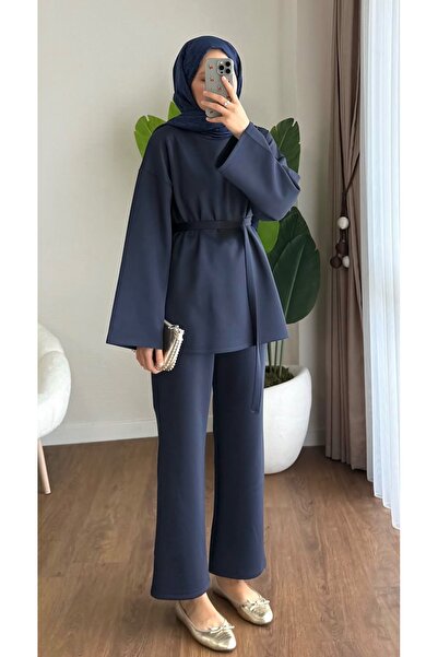 AKIZER Scuba Kumaş Kadın İkili Tesettür Takım Alt Üst İkili Şık Takım Lacivert