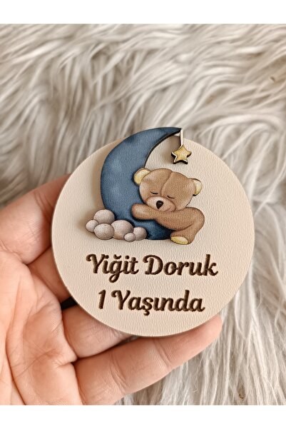 doğrukan Lacivert ayda ayıcık figürlü ahşap yenidoğan doğum günü magnet hediy...