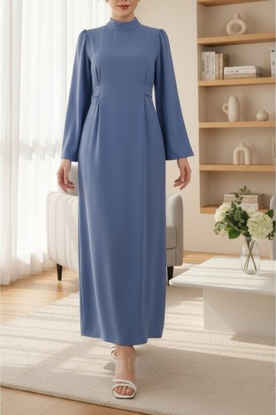 Modamorfo Hakim Yaka Belden Bağlamalı Elbise -Mavi