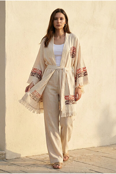 ZERLA كيمونو نسائي بوهيمي مطبوع يدويًا من قطن 100% مع حزام - صنع في تركيا