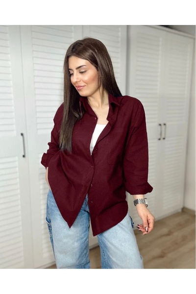 Tugem قميص كتان متوهج باللون العنابي