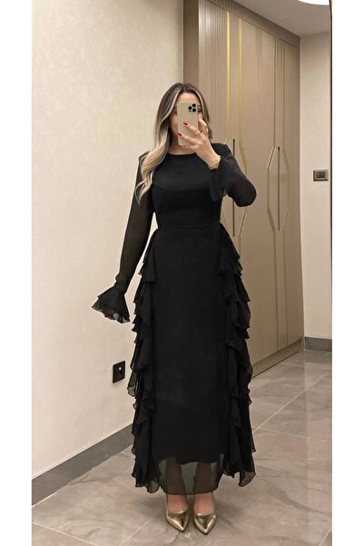Dilek Vardar Black Long Sleeve Crew Neck Chiffon Flounce Evening Dress