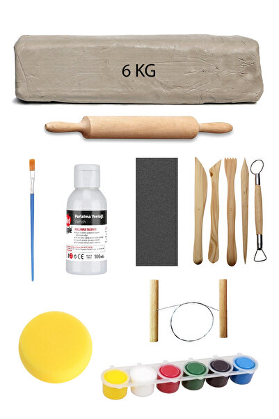 ACUTO Beyaz Seramik Hamuru 6 Kg Kil Ebeşuar Seti 6x15 ml Akrilik Set 100 ml V...