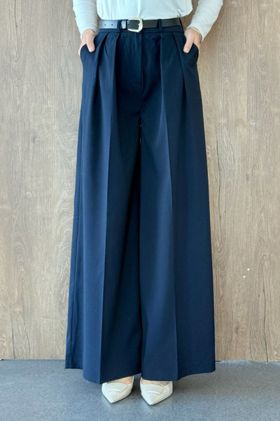 Şulemoda Giyim Palazzo Belted Trousers Navy Blue