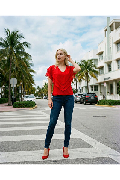 Romina Ciel Chiffon V-Neck Flounced Casual Women's Blouse