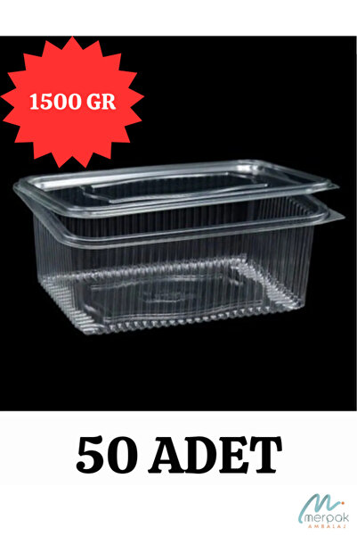 Merpak Ambalaj Plastik Kap Sızdırmaz 1500 gr 50'li Kapaklı Saklama Kabı Sızdırmaz Kap Şeffaf Kullan At Kase