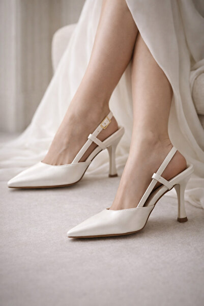 moon glow Pantofi de damă, piele albă perlată, cu vârf ascuțit, toc de 9 cm, ...