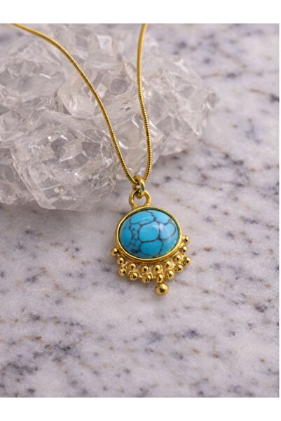 stainles steel Firuze Taşlı Göz Yaşı Çelik Kolye Süryani Kolye (Çapı:1,4cm) H...