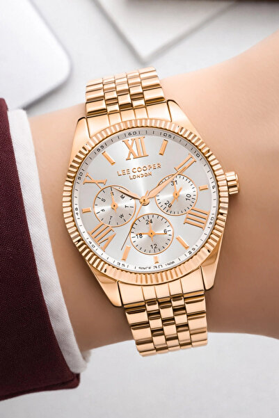 Lee Cooper ساعة يد نسائية باللون الذهبي الوردي - حبل فولاذي وسوار هدية Sdlc008