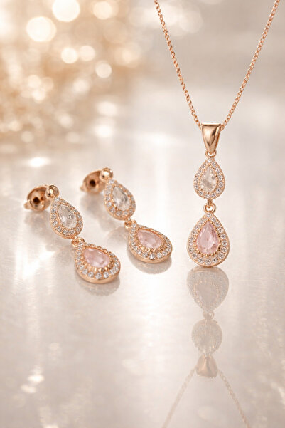 Siset Gümüş 925 Ayar Rose Kaplama Damla Kuvars Taşlı Gümüş İkili Set
