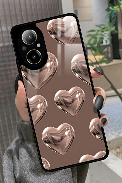 realme 12 Lite Uyumlu Kahverengi Kalp Tasarımlı Glossy Premium Kılıf