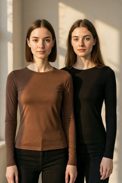 BY ARDELION 2-Piece Women's Long Sleeve Badi Crew Neck - Brown, Black