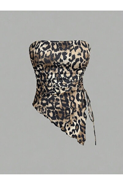 Marin Star Блуза с асиметричен десен леопард и събрани странични части, къса ...