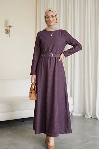 Modamorfo Flared Skirt Zippered Belted Denim Dress -Plum