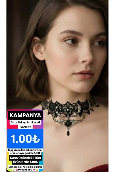 modares Vintage Siyah Dantel Gotik Kolye - Dantel Choker Kolye Ayarlanabilir ...
