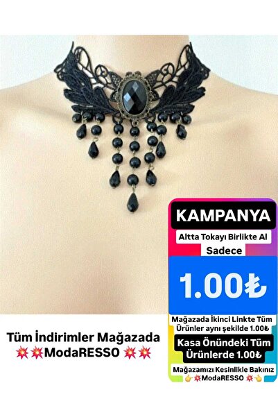 modares Vintage Siyah Dantel Gotik Kolye - Dantel Choker Kolye Ayarlanabilir ...