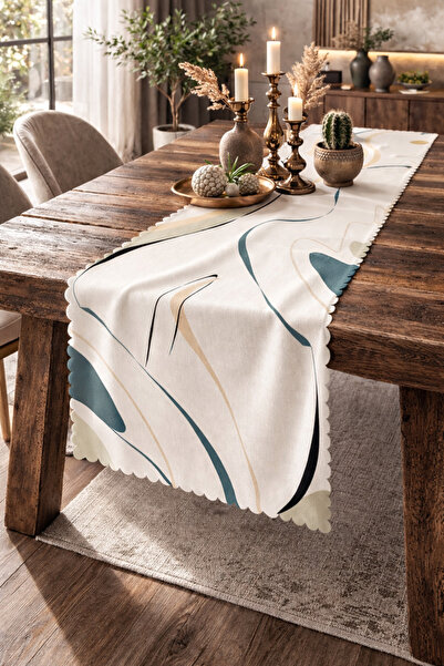 SasoHome Modern Krem - Turkuaz Sürreal Çizgiler Desenli Dijital Baskılı Dekor...