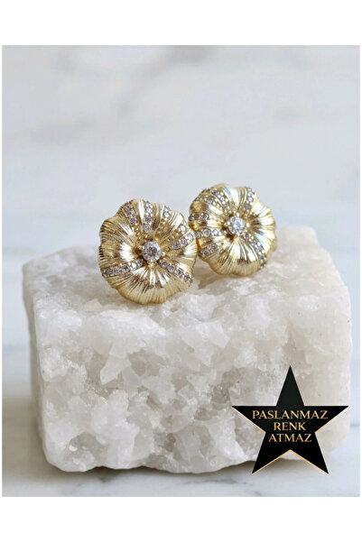 XUPING JEWELRY Xuping 14K Altın Renginde Zirkon Taşlı Çiçek Vidalı Kadın Küpe
