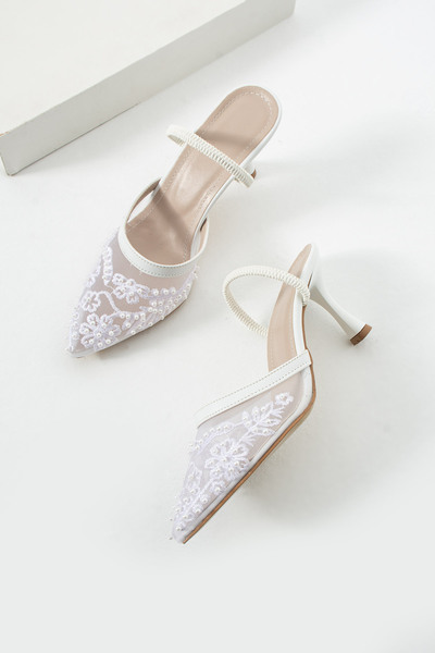 guijarro Women's White Embroidered Beaded Detailed Mesh Stylish Shoes 7.5cm M...