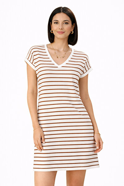 trendalisse Ženska smeđa Prugasto V-izrez široka, udobna letnja haljina