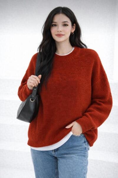 Kırlangıç Moda Kırmızı Oversize Bisiklet Yaka Kadın Triko Kazak