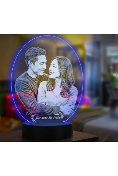 Joyvera Kişiye Özel Oval Fotoğraflı 3D Model Led Gece Lamba (Mavi)