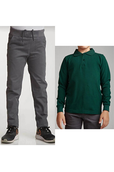 Nacar Unisex dečije rebraste lanene sive školske pantalone + polo majica sa d...