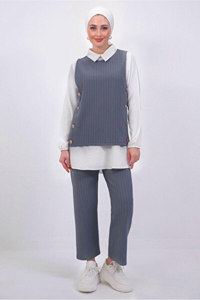 TRENDTESETTÜR طقم سترة نسائية رمادية مخططة بثلاث طبقات T 5443