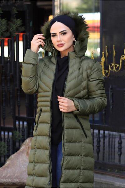 TRENDTESETTÜR KADIN HAKİ KAPÜŞONU KÜRK DETAYLI CEPLİ ŞİŞME KABAN 2400