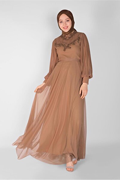 TRENDTESETTÜR KADIN KAHVE (K.CAMEL) İNCİLİ NAKIŞLI ABİYE ELBİSE 23110