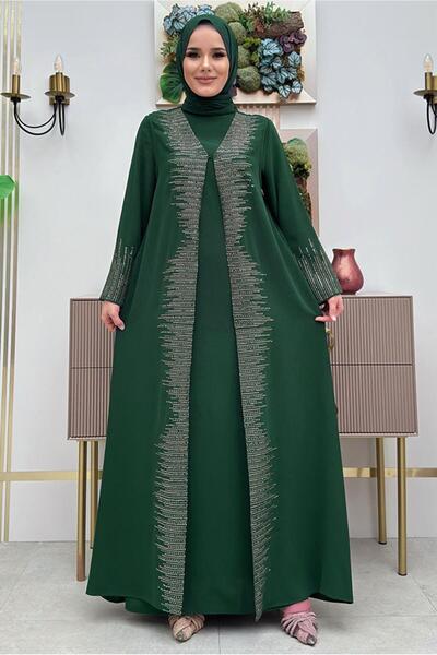 TRENDTESETTÜR KADIN YEŞİL (ZÜMRÜT) PUL İŞLEMELİ YELEKLİ ELBİSE T 8948
