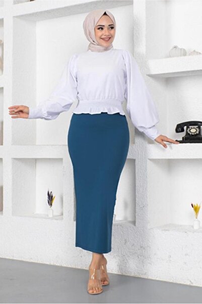 TRENDTESETTÜR KADIN LACİVERT (İNDİGO) BELİ LASTİKLİ KALEM ETEK T 802