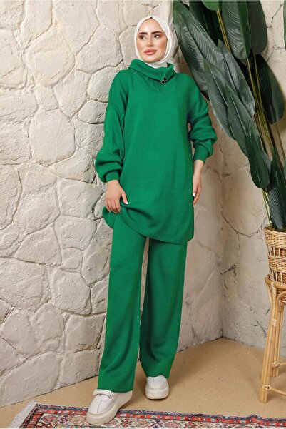 TRENDTESETTÜR Kadın Yeşil (BENETTON) Fermuar Yaka Pantolonlu Triko Takım T 4208