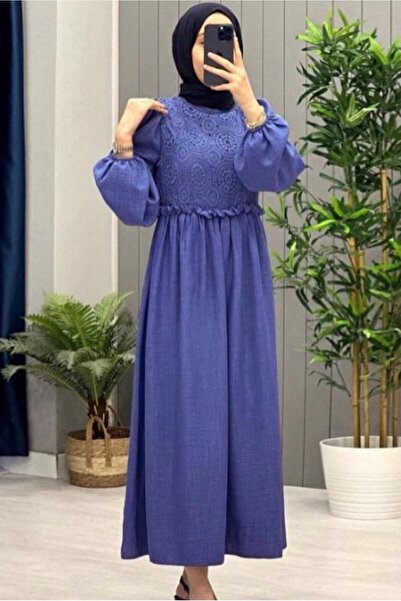 TRENDTESETTÜR KADIN LACİVERT (İNDİGO) BALON KOL ELBİSE T 6895