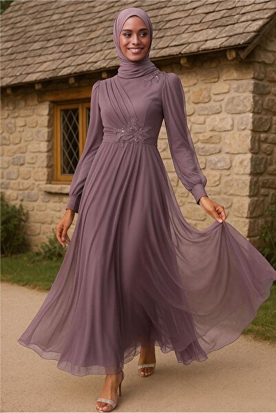 TRENDTESETTÜR KADIN PEMBE (GÜL) NAKIŞLI TÜLLÜ ABİYE ELBİSE 33110