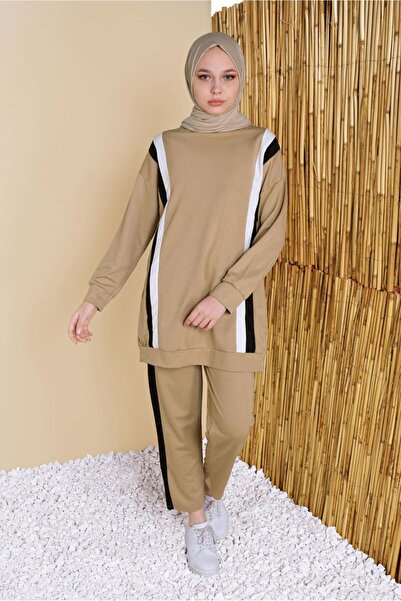 TRENDTESETTÜR KADIN KAHVE (CAMEL) ŞERİT DETAYLI PANTOLONLU EŞOFMAN TAKIM 8256