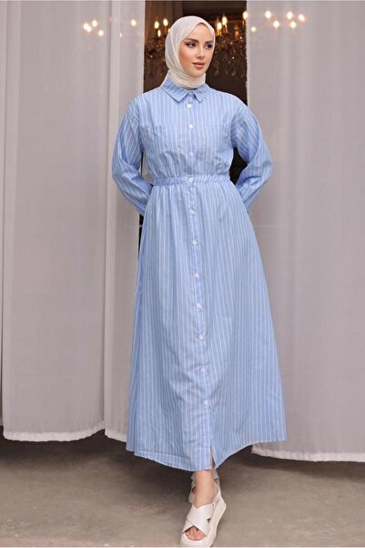 TRENDTESETTÜR KADIN MAVİ ÇİZGİLİ TESETTÜR ELBİSE T 2002