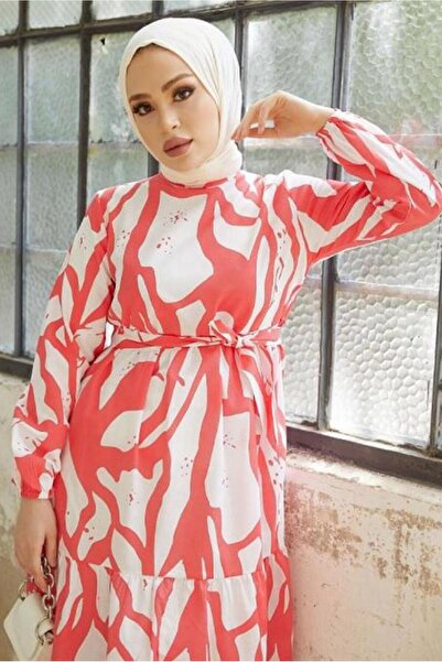 TRENDTESETTÜR KADIN MERCAN DESENLİ MANŞETLERİ LASTİKLİ ELBİSE T 034