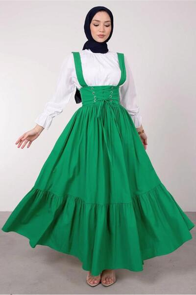 TRENDTESETTÜR KADIN YEŞİL BELİ BAĞCIK DETAYLI SALOPET ELBİSE T 60042