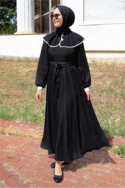 TRENDTESETTÜR Black Belted Hijab Dress - Women's T 8806